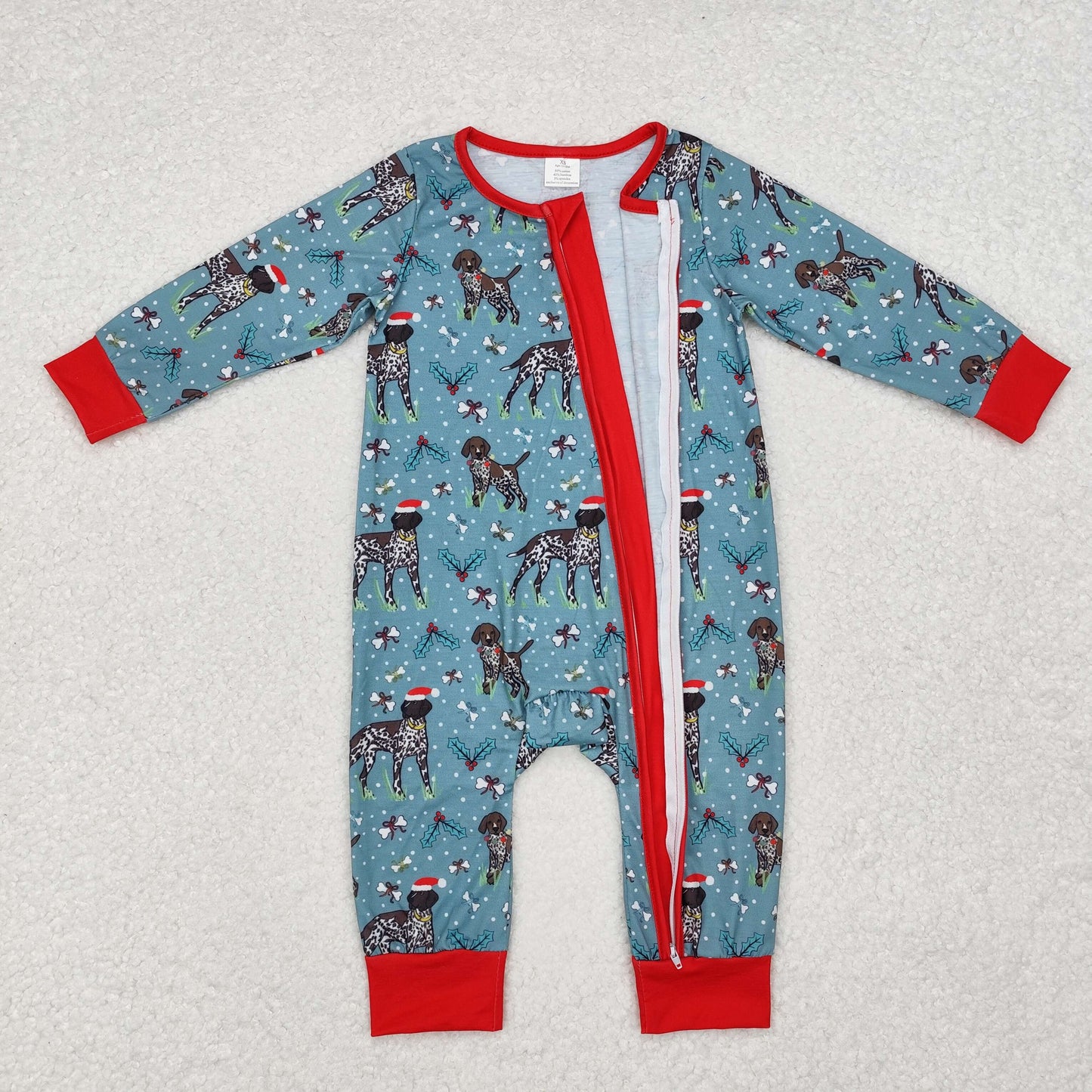 RTS NO MOQ(In Stock) LR1768 Modal Christmas puppy red and green zipper long-sleeved jumpsuit