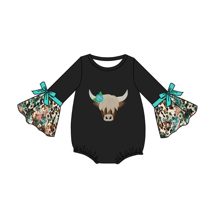 (Pre Order) No moq LR1854 Baby Girls Western Highland Cow Print Long Sleeve Rompers