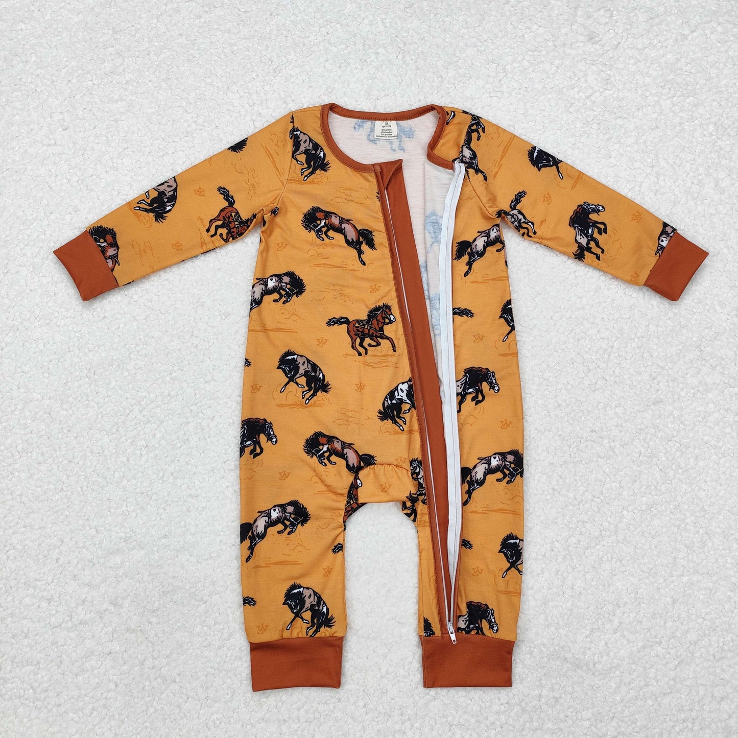 RTS NO MOQ(In Stock) Modal Horse Yellow Brown Zipper Long Sleeve Bodysuit