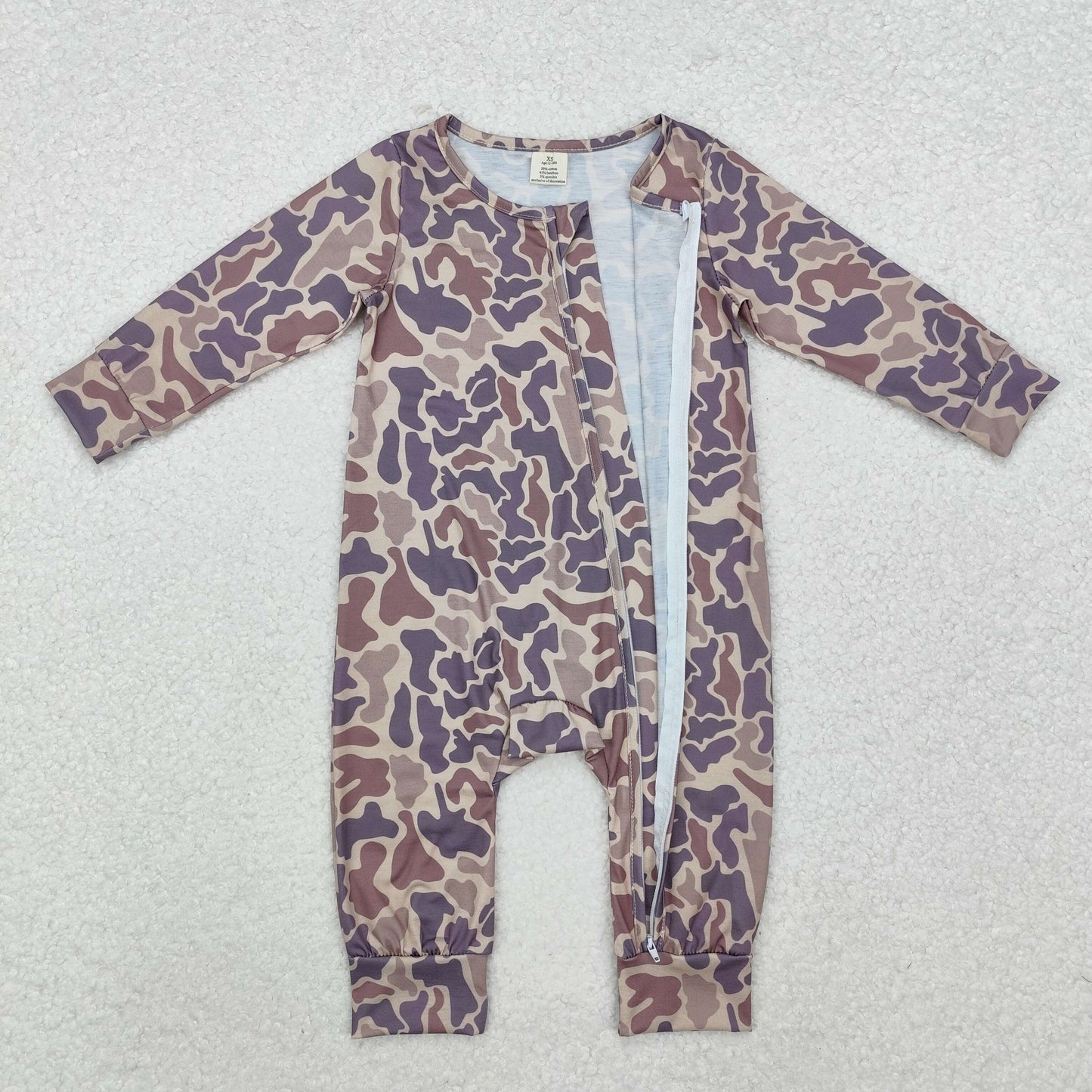 RTS NO MOQ(In Stock) Modal camouflage light brown zipper long sleeve jumpsuit