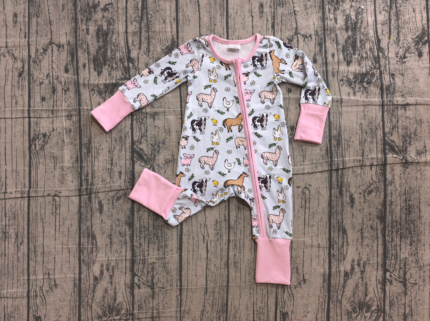(Sample) No moq LR2401 Baby Girls Farm Horse Chick Long Sleeve Zipper Rompers