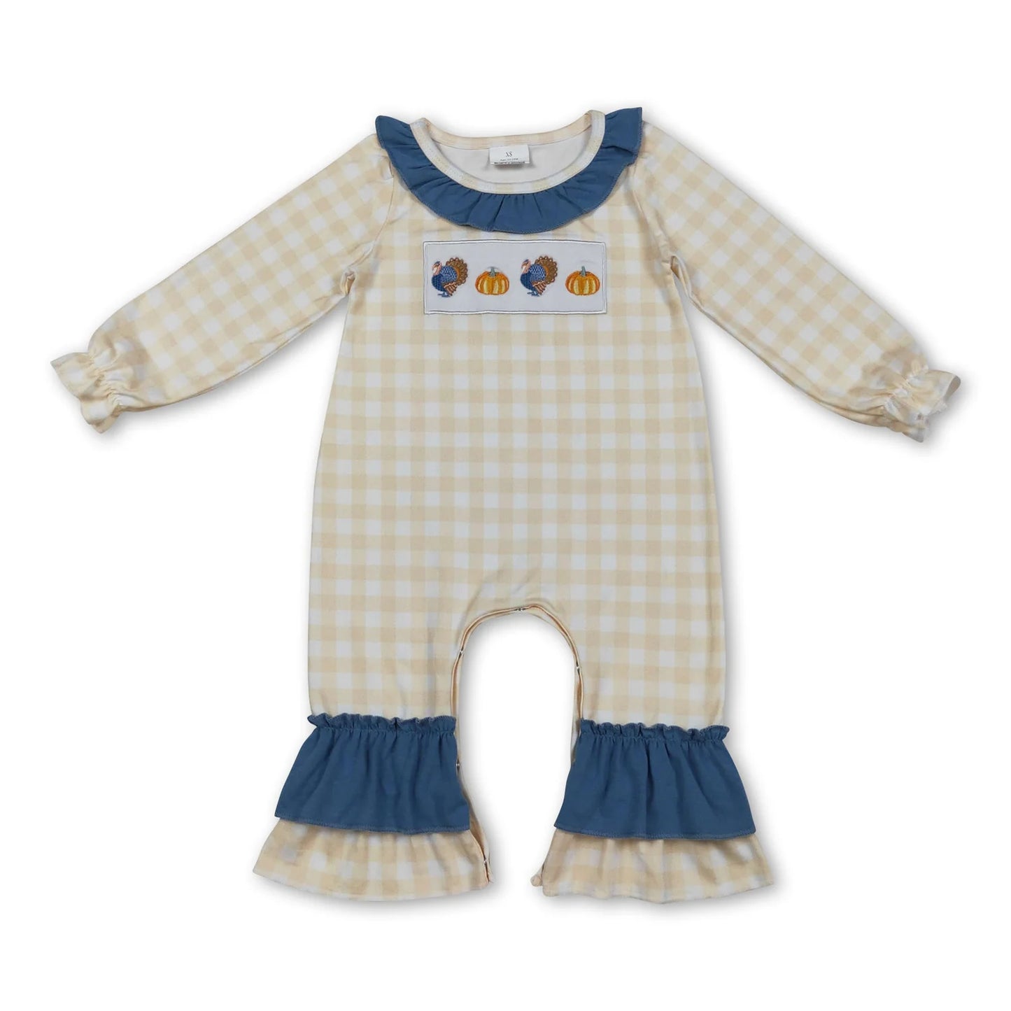 RTS NO MOQ Sibling milk silk Baby Girls And Boys Cute Embroidery Turkey And Pumpkins Plaid Pants Thanksgiving Clothes Set Rompers