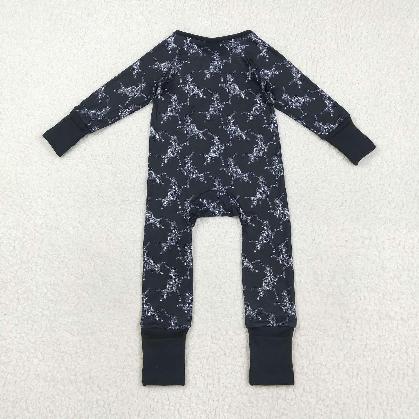 RTS NO MOQ(In Stock) LR2466 Halloween Skull Denim Black Zippered Long-Sleeved Bodysuit