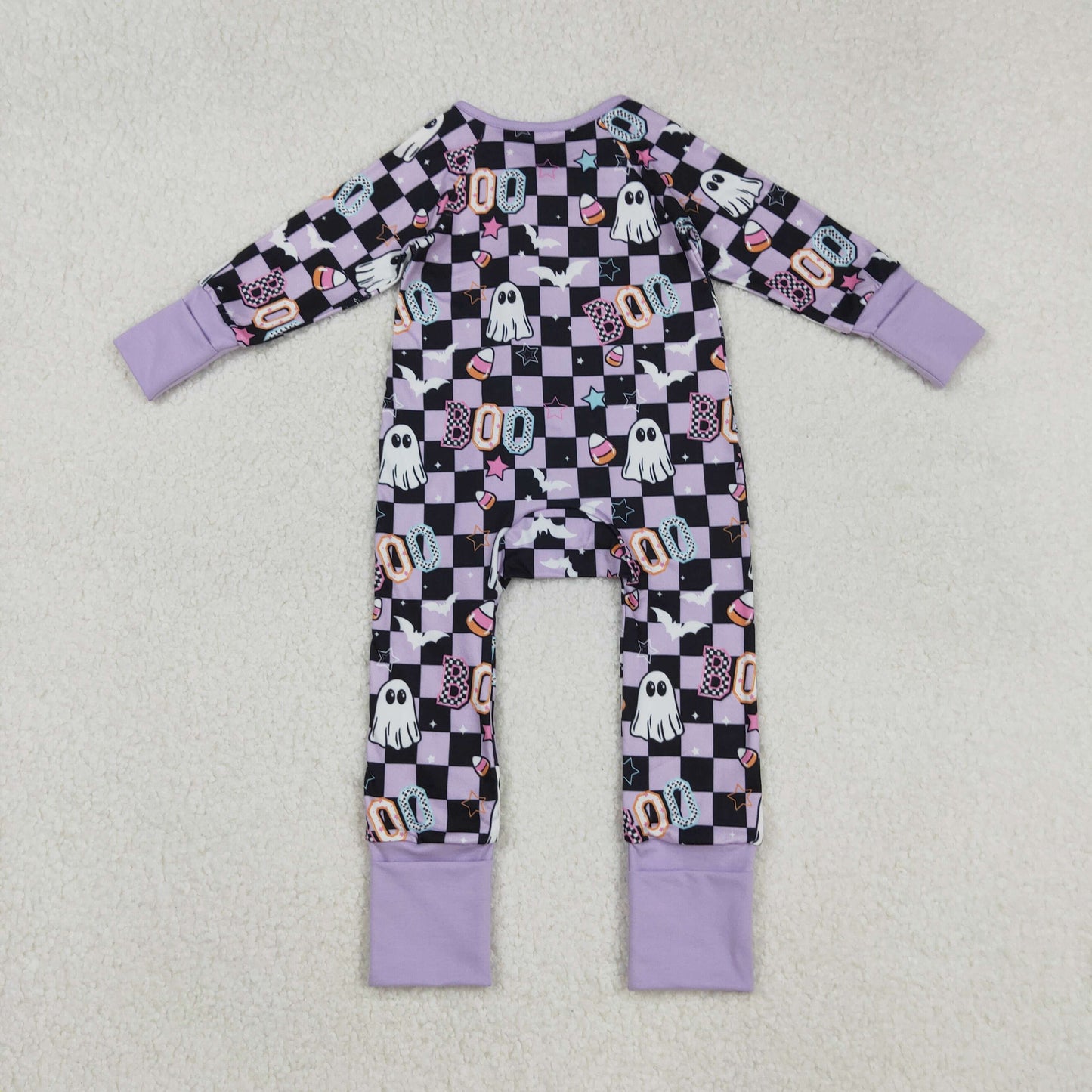 RTS NO MOQ(In Stock) LR2541 Boo Halloween Ghost Star Candy Purple and Black Plaid Zippered Long-Sleeved Bodysuit