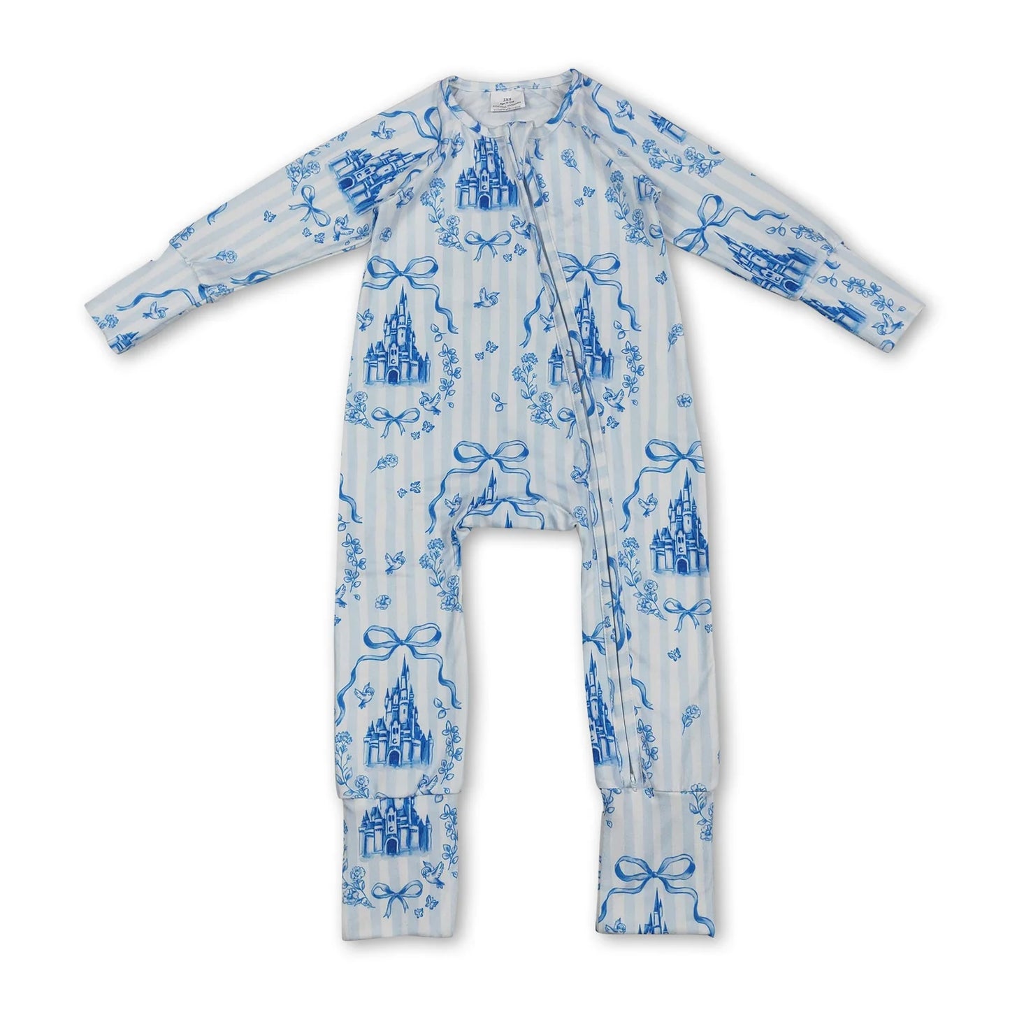 RTS NO MOQ Sibling milk silk Baby Girls Blue Stripe Bow Print Ruffle Tunic Top Bell Bottom Pants Set Dress Rompers