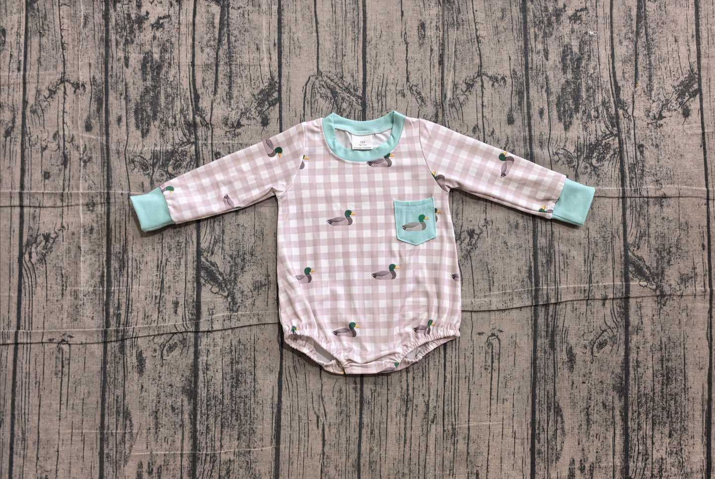 (Sample) No moq LR3000 Embroidery Baby Boys Duck Pocket Long Sleeve Checked Plaid Hunting Rompers