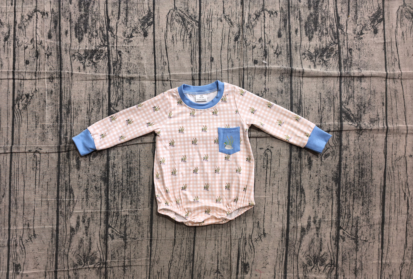 (Sample) No moq LR3002 Embroidery Baby Boys Duck Pocket Long Sleeve Plaid Check Hunting Rompers