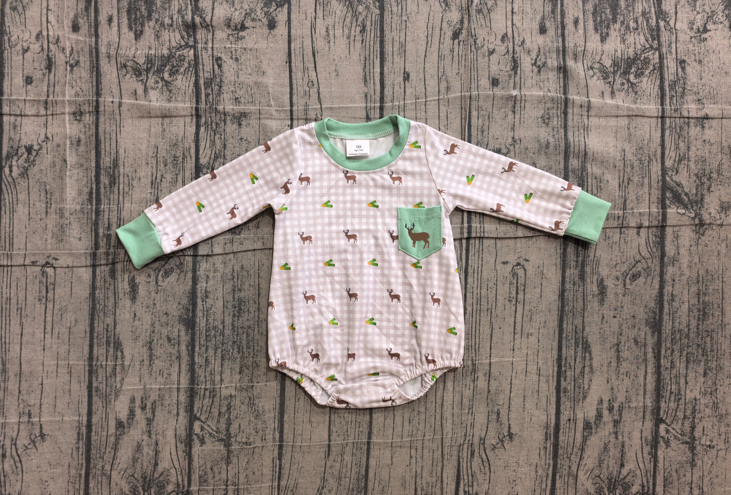 (Sample) No moq LR3003 Embroidery Baby Boys Deer Pocket Long Sleeve Checked Rompers