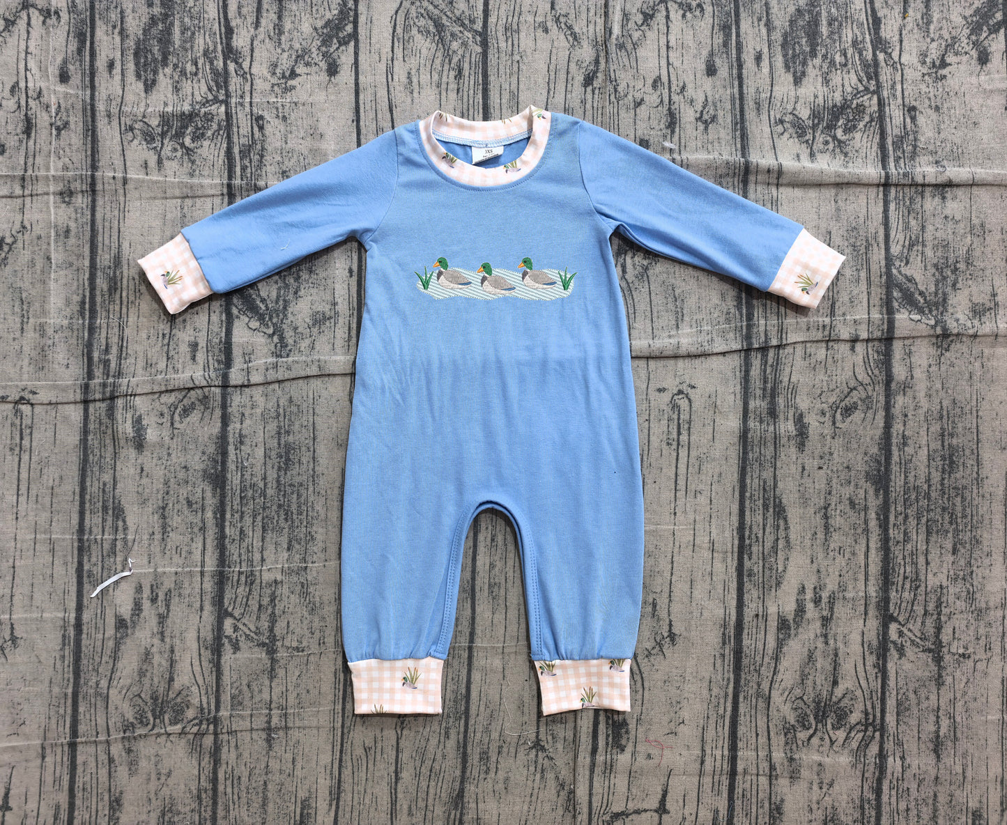 (Sample) No moq LR3007 Embroidery Baby Boys Duck Long Sleeve Hunting Rompers