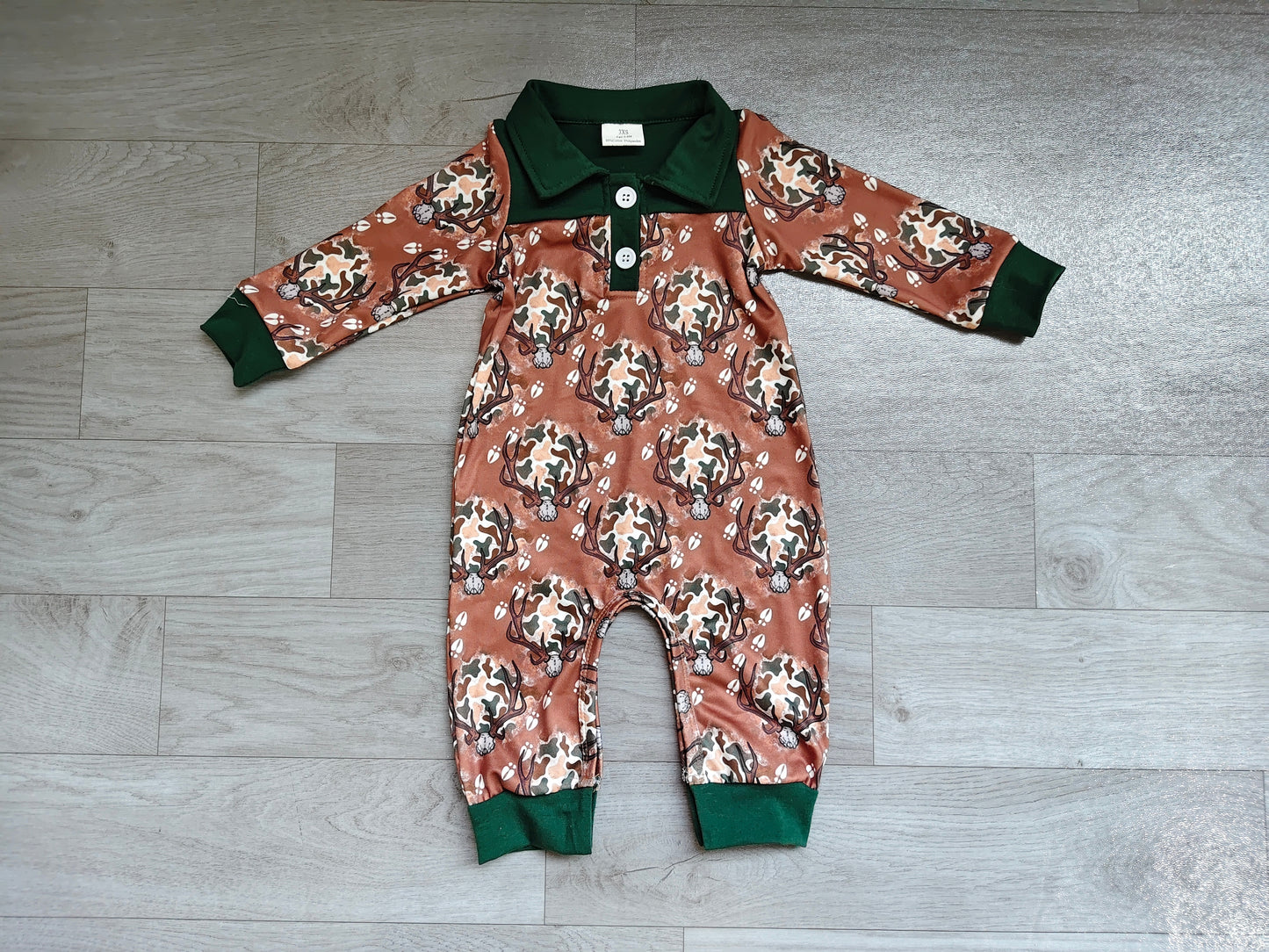 (Sample) No moq milk silk LR3013 Toddler Boys Hunting Camo Deer Long Sleeve Button Rompers
