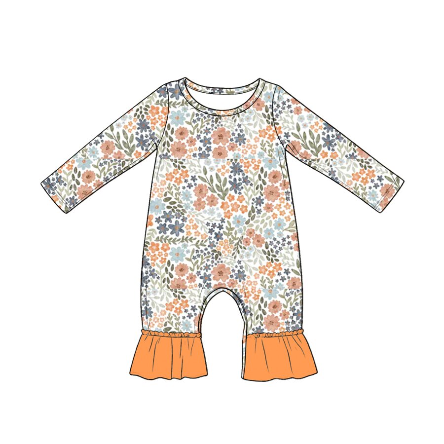 (Pre Order) No moq LR3027 Baby Girls Color Flower Long Sleeve Ruffle Casual Romper
