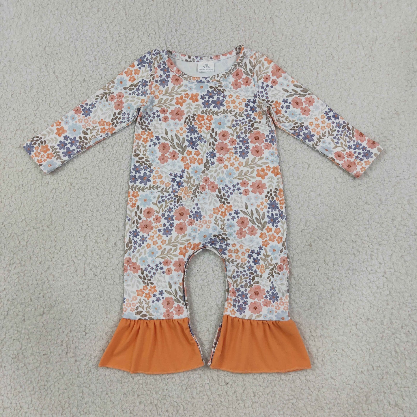 RTS No moq milk silk LR3027 Baby Girls Long Sleeve Colorful Flowers Fall Ruffle Pant Rompers
