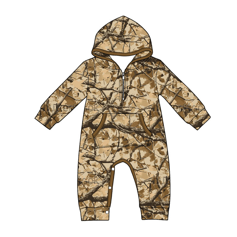 (Pre Order) No moq LR3033 Baby Boys Western Hunting Camo Fall Leaf Zip Pocket Long Sleeve Rompers