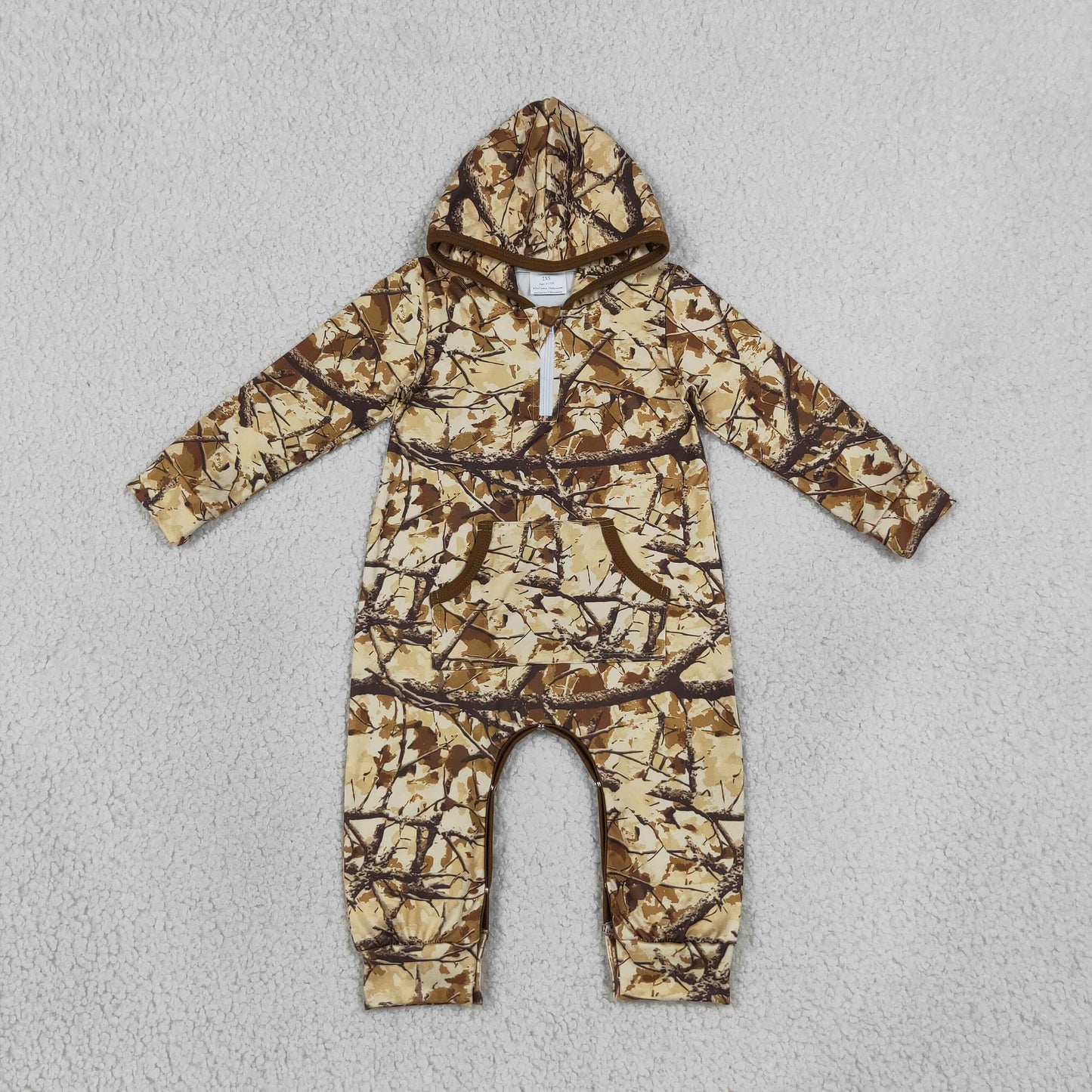 NEW RTS NO MOQ milk silk LR3033 Baby Boys Leaves Camo Half Zip Pockets Pant Fall Hoodie Rompers