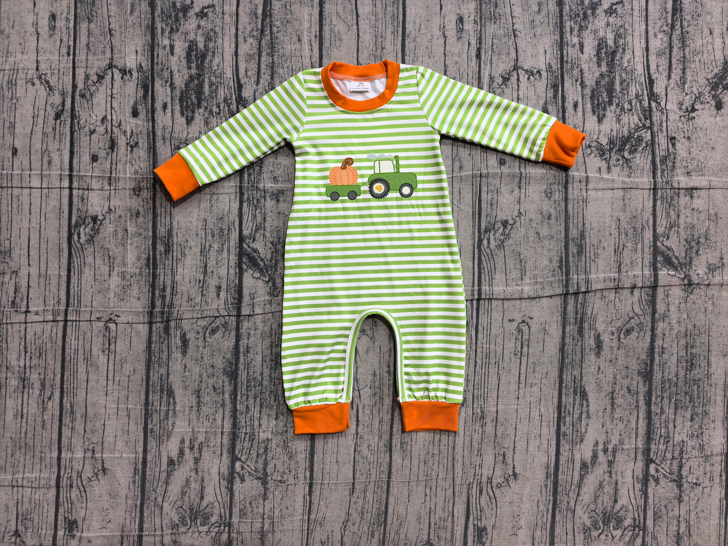 (Sample) No moq LR3036 Embroidery Baby Boys Farm Green Stripe Pumpkin Truck Embroidery Long Sleeve Rompers