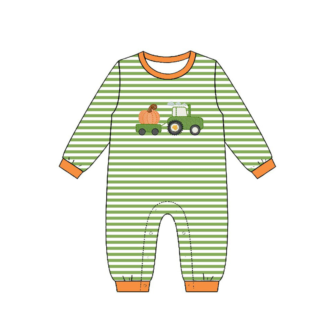 (Preorder new) No moq Embroidery Pumpkin Truck Baby Boys Green Stripe Top Pants Clothes Sets Rompers