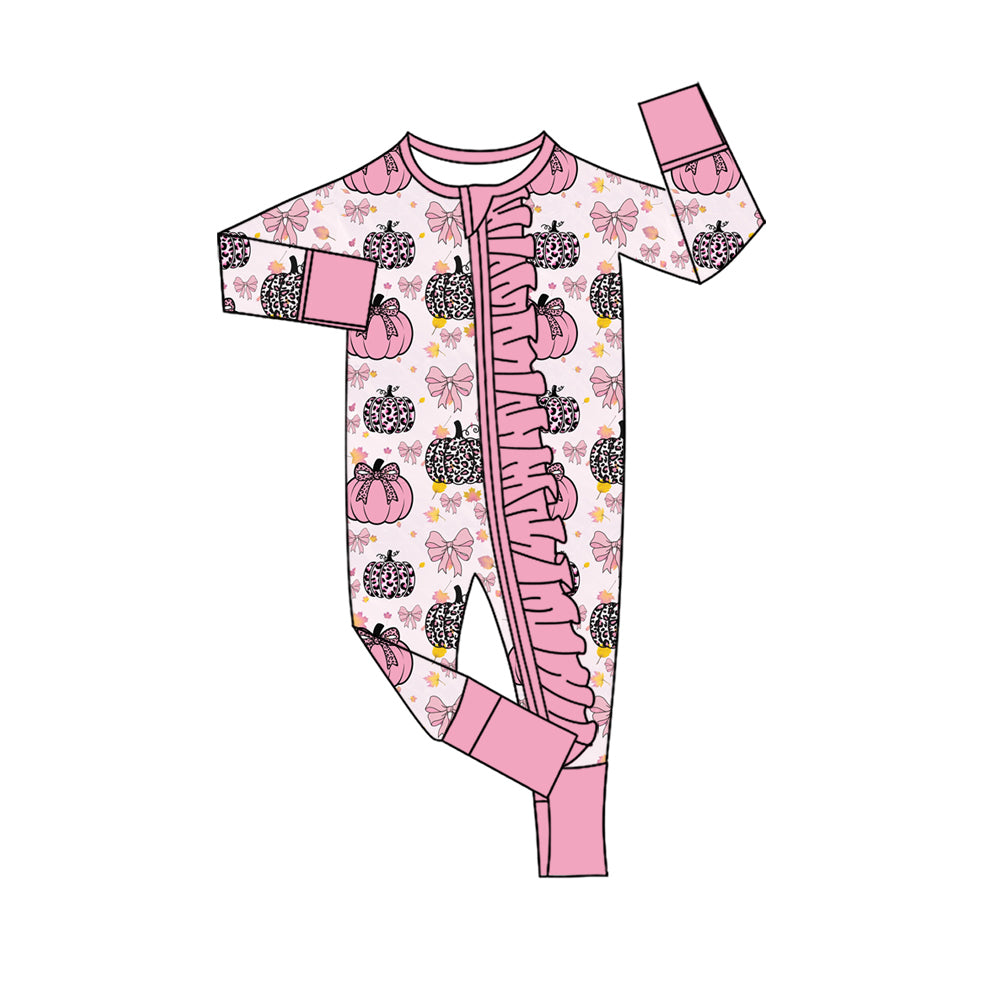 (Pre Order) No moq Baby Girls Long Sleeve Bows Pumpkins Print Two Way Ruffle Zip Rompers