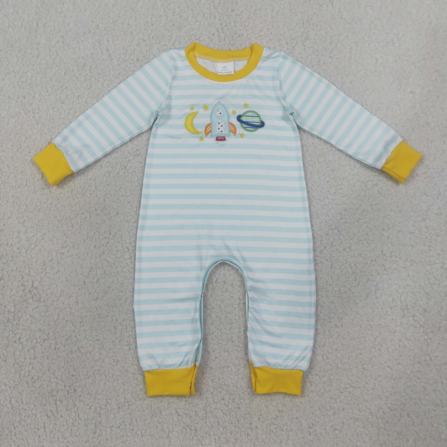 RTS NO MOQ milk silk LR3062 Embroidery Rocket Moons Baby Boys Long Sleeve Blue Stripe Pant Rompers