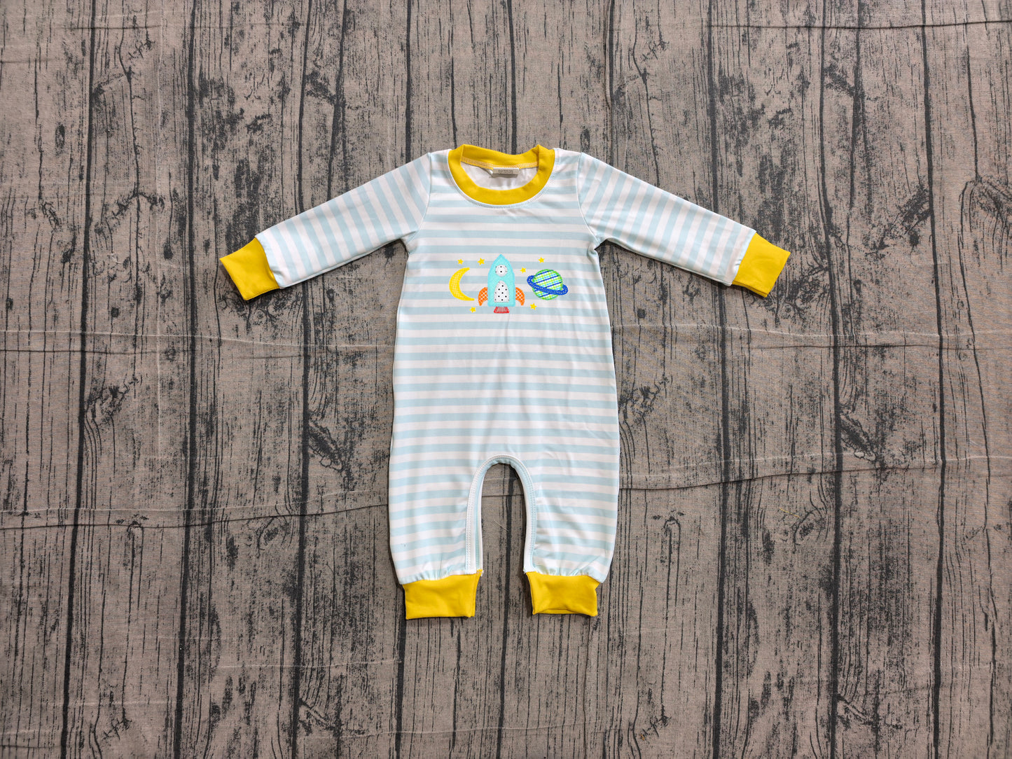(Sample) No moq LR3062 Embroidery Baby Boys Blue Stripe With Rocket Moon Embroidery Long Sleeve Rompers