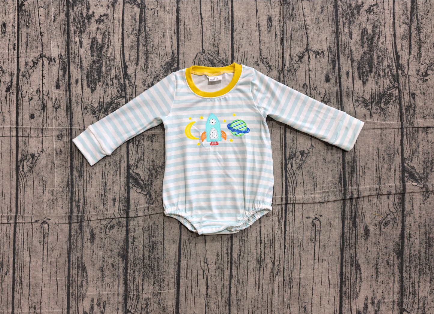 (Sample) No moq LR3063 Embroidery Baby Boys Blue Stripe Rocket Moon Embroidery Ruffle Long Sleeve Rompers