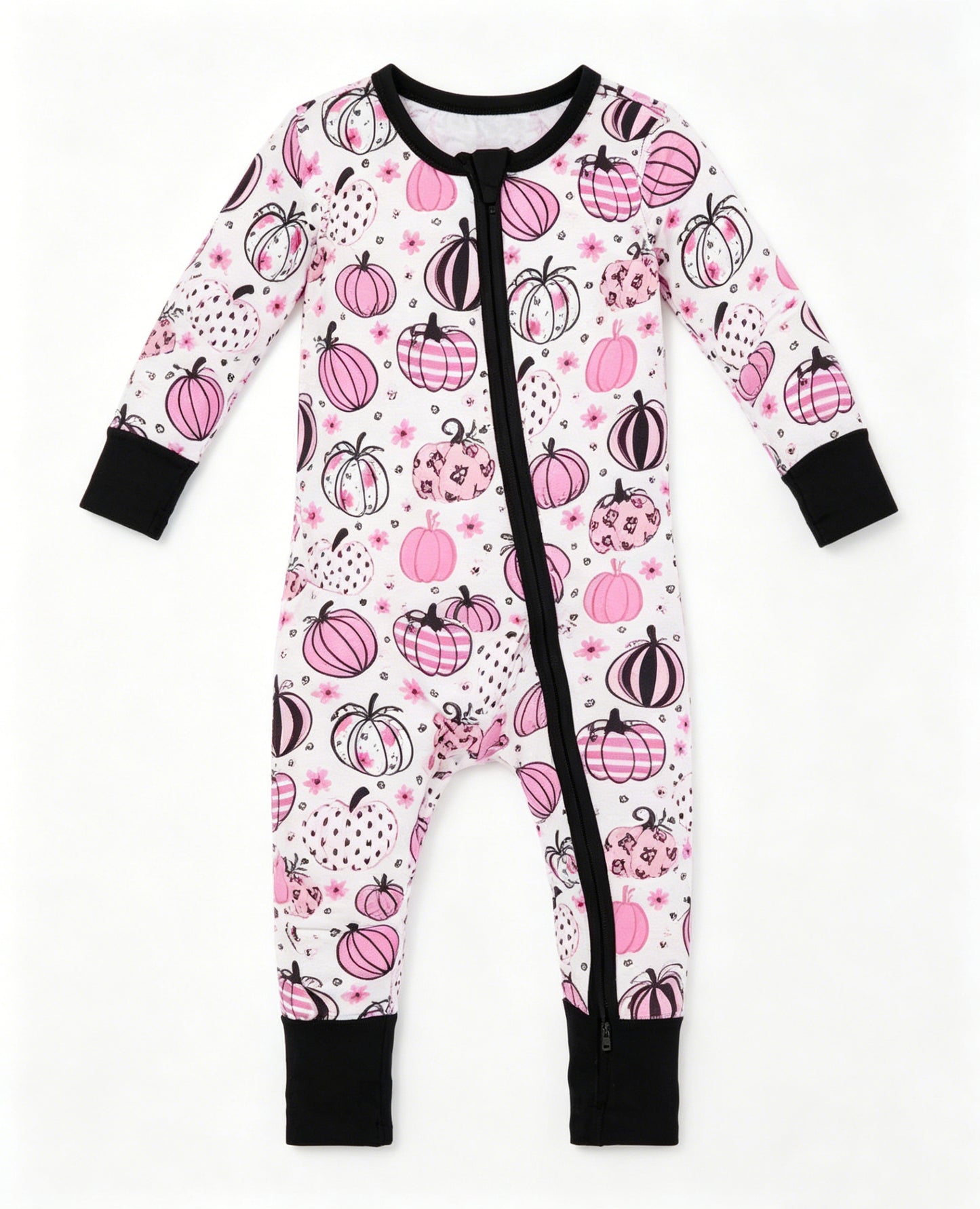 (Pre Order) No moq LR3064 Baby Girls Fall Long Sleeve Flowers Pumpkins Zip Convertible Rompers
