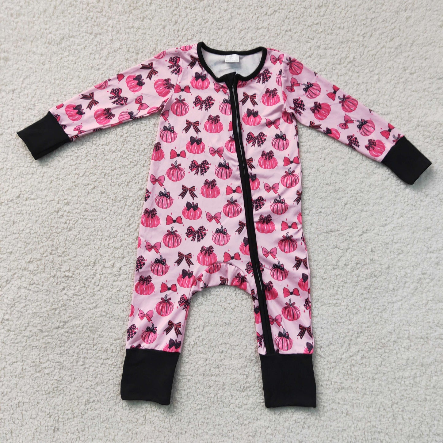 RTS NO MOQ Sibling milk silk Baby Girls Pink Bow Pumpkin Top Pants Pajamas Clothes Set Two Way Zip Convertible Rompers