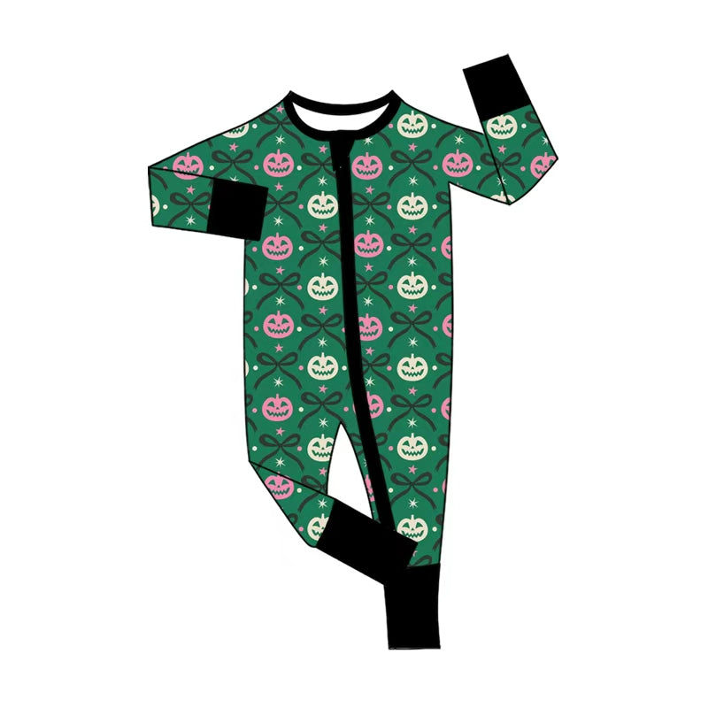 (Pre Order) No moq Baby Girls Cute Pink Bow Pumpkin Two Way Zip Rompers