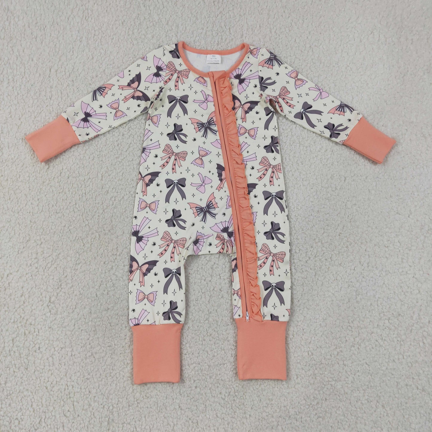 RTS NO MOQ Sibling milk silk Baby Girls Ghost Bow Spider Print Two Way Ruffle Zip Convertible Halloween Romper