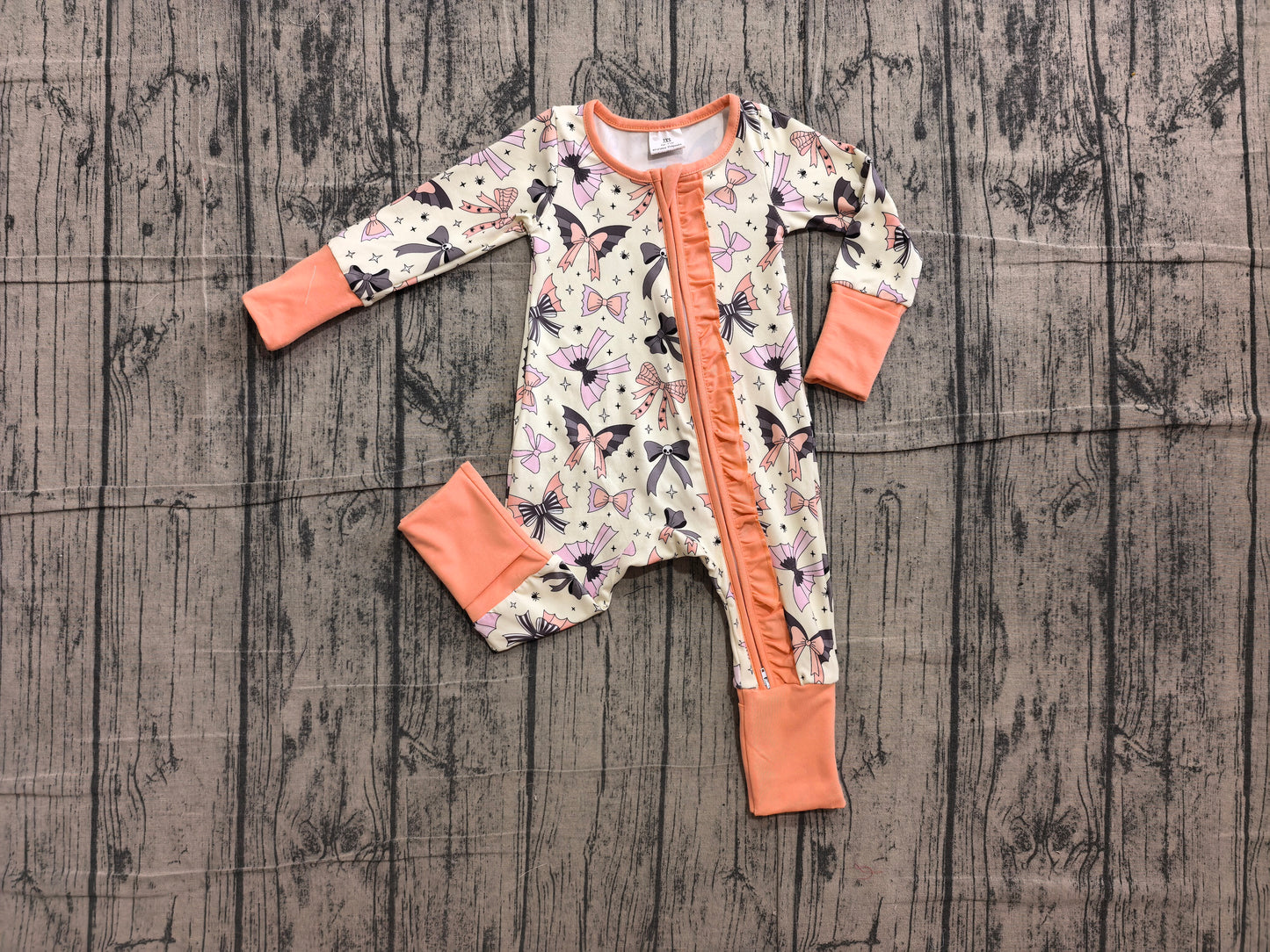 (Sample) No moq LR3078 Baby Girls Cute Halloween Bow Printed Long Sleeve Two Way Zip Ruffle Convertible Rompers