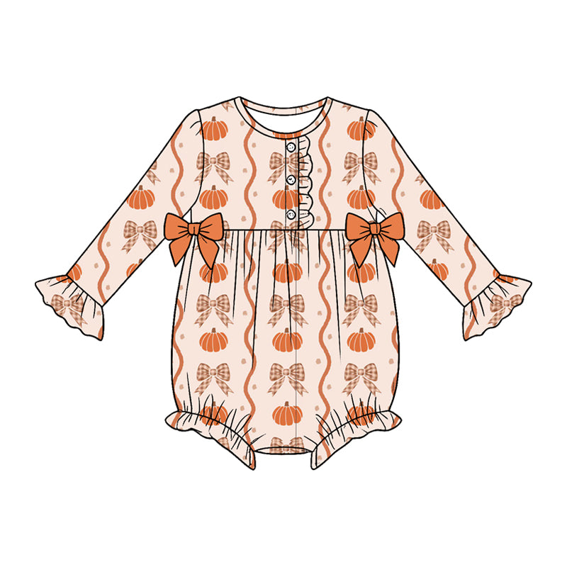 (Preorder new) No moq milk silk Baby Girls Pumpkins Bows Stripe Fall Button Top Ruffle Pants Set Dresses Romper