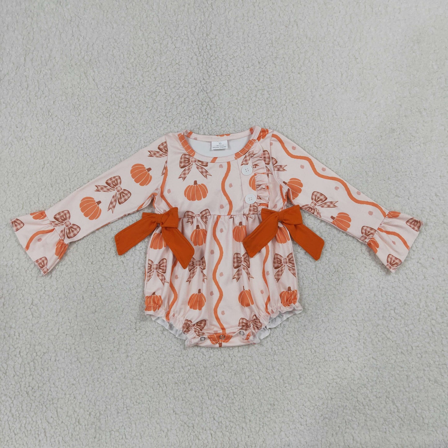 RTS NO MOQ Sibling milk silk Baby Girls Pumpkin Bow Print Button Tunic Matching Ruffle Pants Fall Clothes Set Button Ruffle Romper