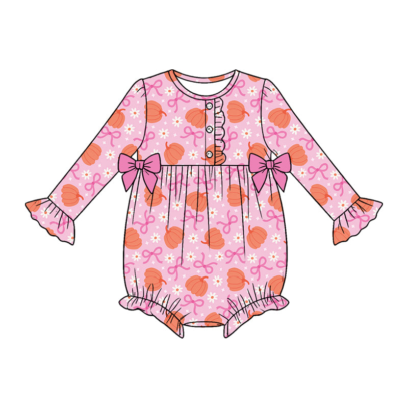 (Preorder new) No moq milk silk Baby Girls Pumpkins Bows Flowers Button Top Ruffle Pants Set Dresses Romper