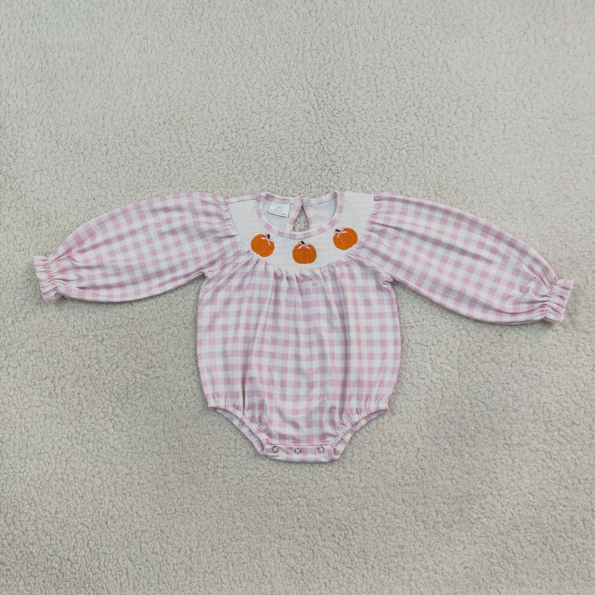RTS NO MOQ Sibling milk silk Smocked Baby Girls Pink Gingham Pumpkin Embroidery Long Sleeve Dress And Bubble Romper