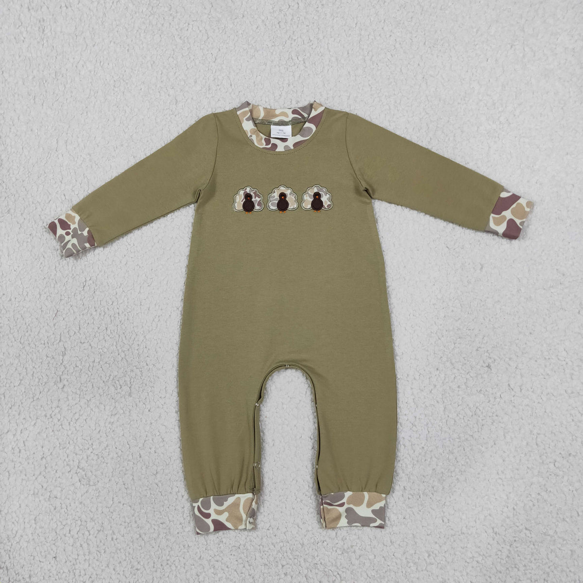RTS NO MOQ Sibling milk silk Embroidery Baby Boys Thanksgiving Turkey Embroidery Romper And Long Sleeve Top Camo Jogger Pants Two Piece Set