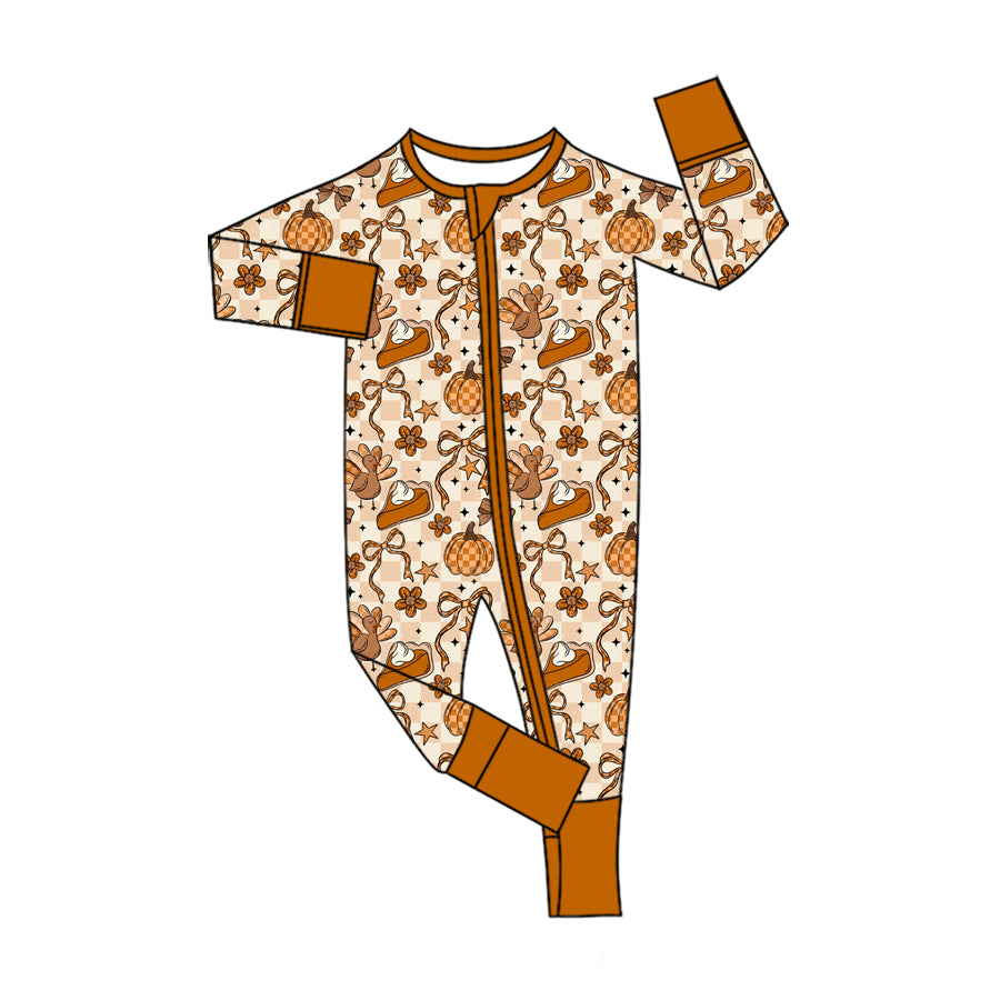 (Preorder new) No moq Baby Girls Thanksgiving Turkey Pumpkin Top Flare Pants Sets Rompers Zip Pullovers Top
