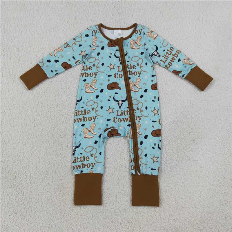 RTS NO MOQ Sibling milk silk Baby Boys Cowboy Print Zipper Romper And Long Sleeve Top Pants Pajamas Set