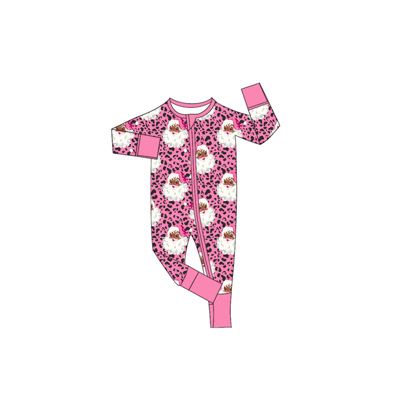 (Preorder new) No moq Kids And Adult Pink Leopard Santa Button Pocket Long Sleeve Top Pants Sets Rompers