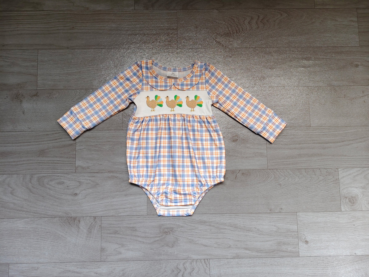 (Sample) No moq milk silk LR3132 Embroidery Turkey Baby Boys Long Sleeve Checked Thanksgiving Rompers