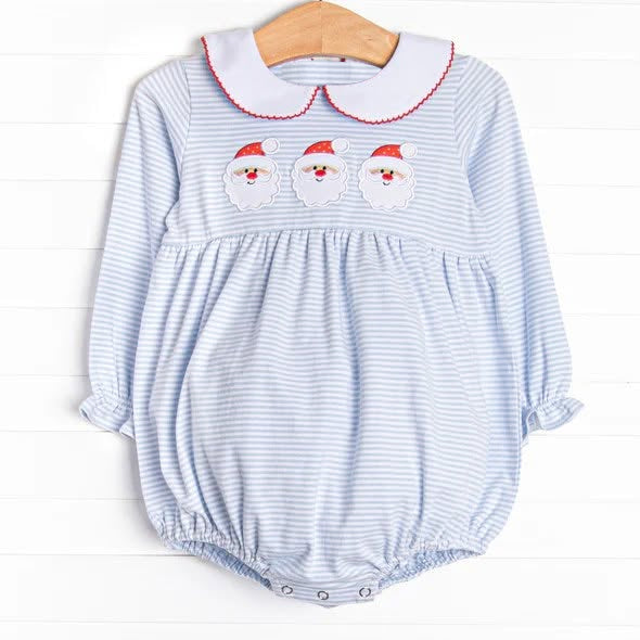 (Preorder new) No moq LR3136 Baby Girls Christmas Blue Stripe Santa Print Long Sleeve Ruffle Trim Rompers