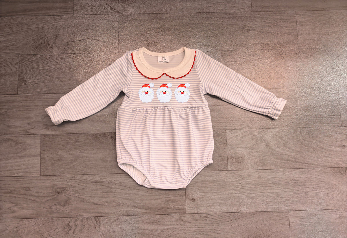 (Sample) No moq milk silk LR3136 Embroidery Baby Girls Christmas Blue Stripe Santa Print Long Sleeve Ruffle Trim Rompers