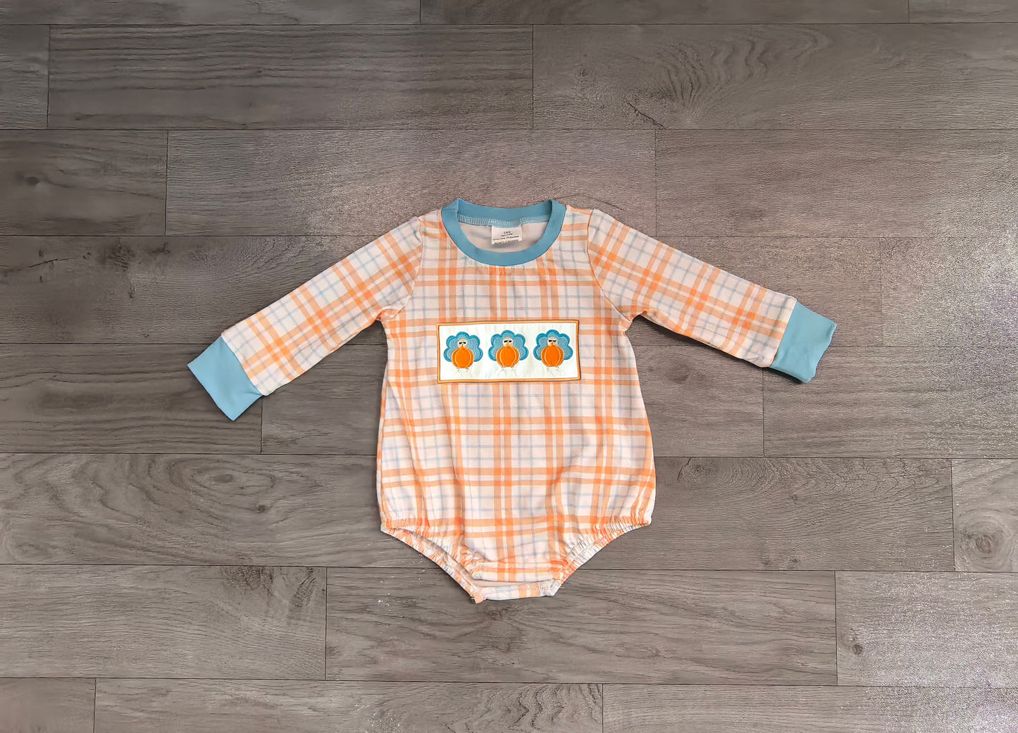 (Sample) No moq milk silk LR3138 Embroidery Pumpkins Turkey Baby Boys Thanksgivings Checked Rompers
