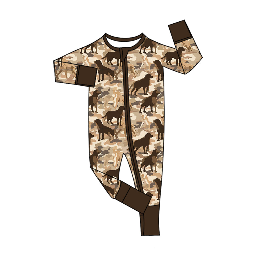 (Preorder new) No moq Baby Boys Dogs Camo Print Zip Pocket Long Sleeve Pullover And Jogger Pants Clothes Set Hunting Two Way Zip Convertible Rompers