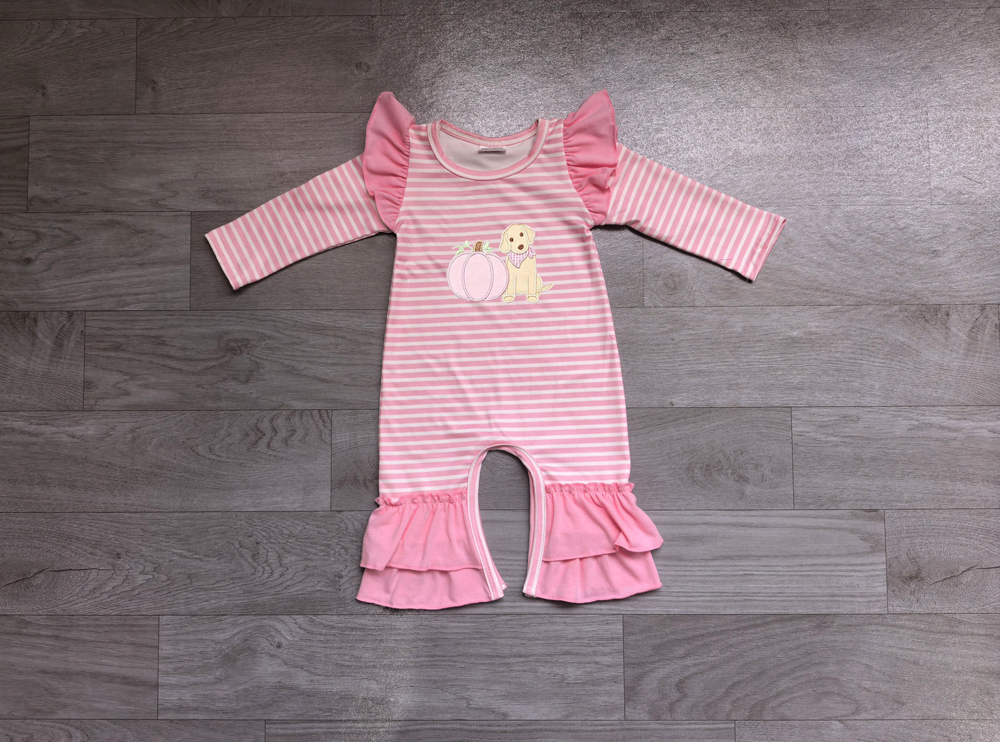 (Sample) No moq milk silk LR3140 Embroidery Baby Girls Pink Stripe Pumpkin Dog Print Long Sleeve Ruffle Pant Fall Romper