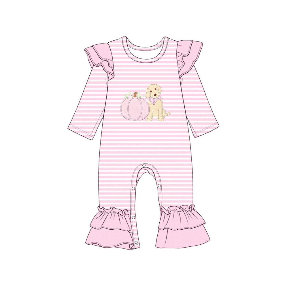 (Preorder new) No moq Embroidery Pumpkins Dogs Baby Girls Pink Stripe Tunic Leggings Fall Clothes Sets Rompers