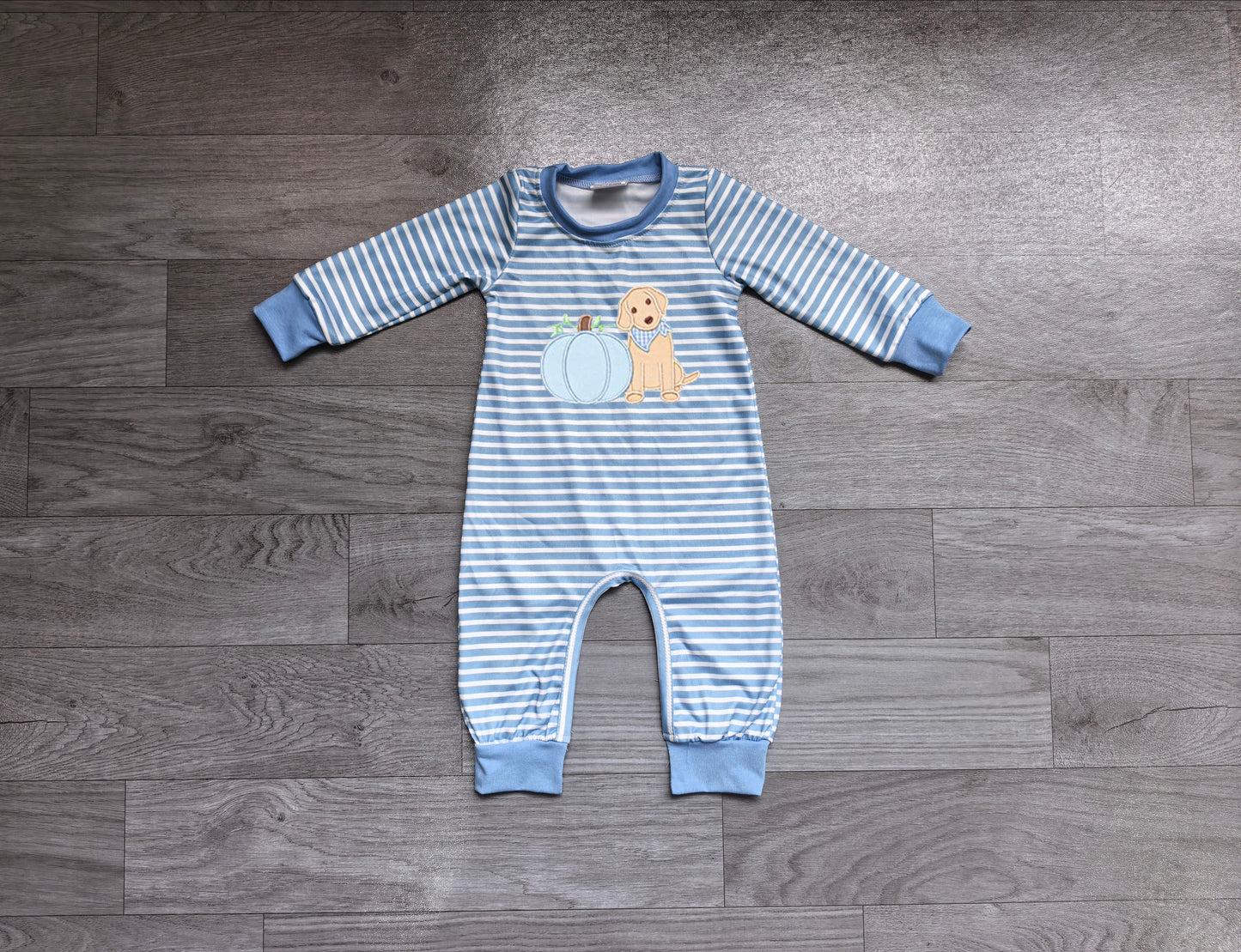 (Sample) No moq milk silk LR3141 Embroidery Baby Boys Blue Stripe Pumpkin Dog Print Long Sleeve Romper