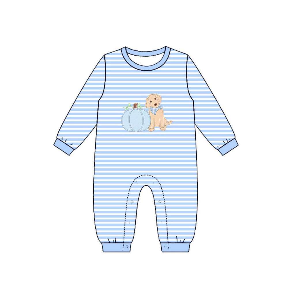 (Preorder new) No moq Embroidery Pumpkins Dogs Baby Boys Blue Stripe Top Pants Clothes Sets Rompers