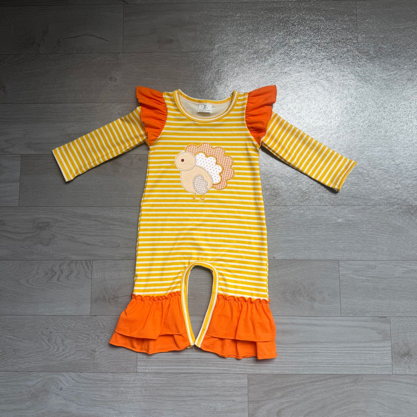 (Sample) No moq milk silk LR3144 Embroidery Baby Girls Orange Stripe Turkey Print Ruffle Romper Thanksgiving Outfit