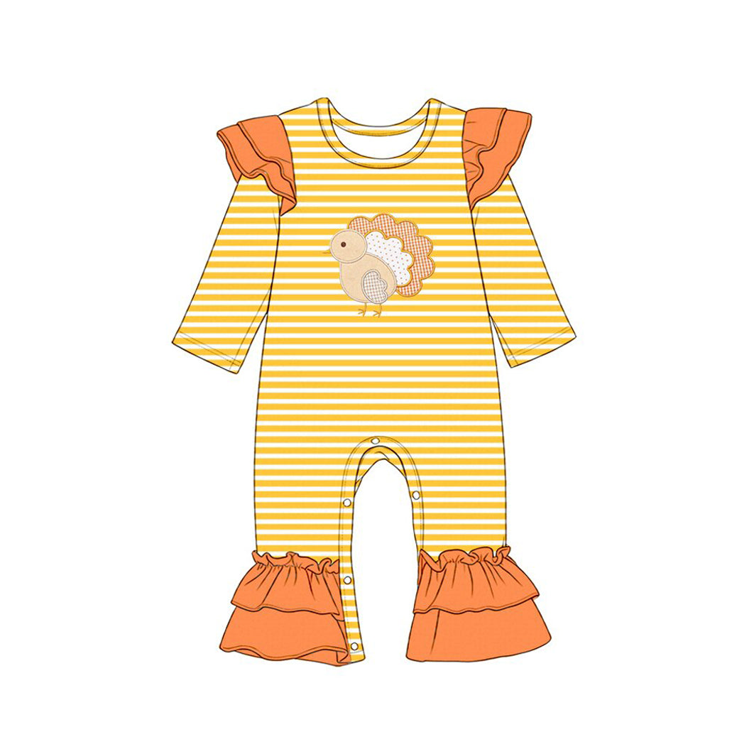 (Preorder new) No moq Embroidery Thanksgiving Baby Girls Orange Stripe Long Sleeve Tunic Top And Solid Leggings Clothes Sets Rompers