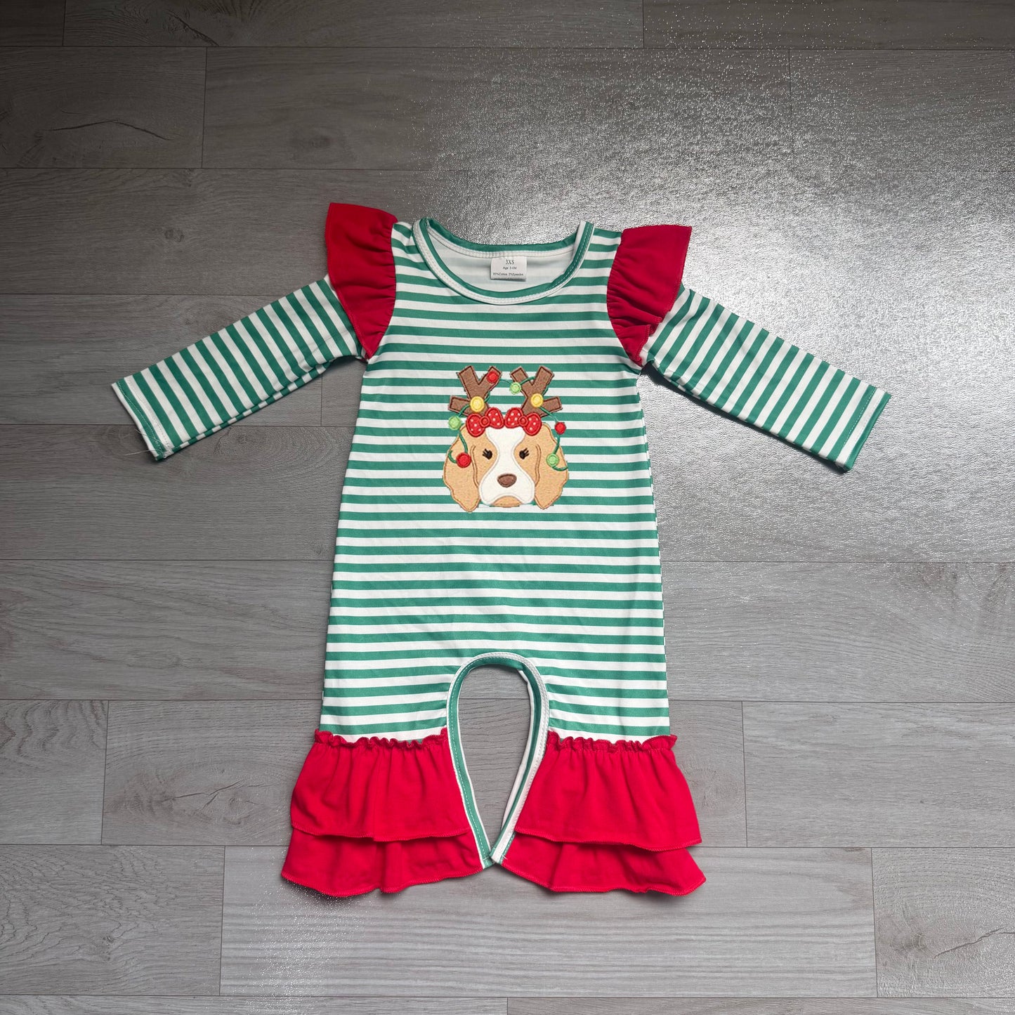 (Sample) No moq milk silk LR3145 Embroidery Baby Girls Green Stripe Light Dog Print Ruffle Romper Christmas Outfit