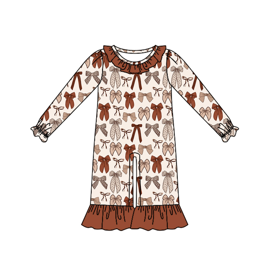 (Preorder new) No moq Baby Kids Brown Bow Print Long Sleeve Pant Outfit Set Matching Long Sleeve Romper